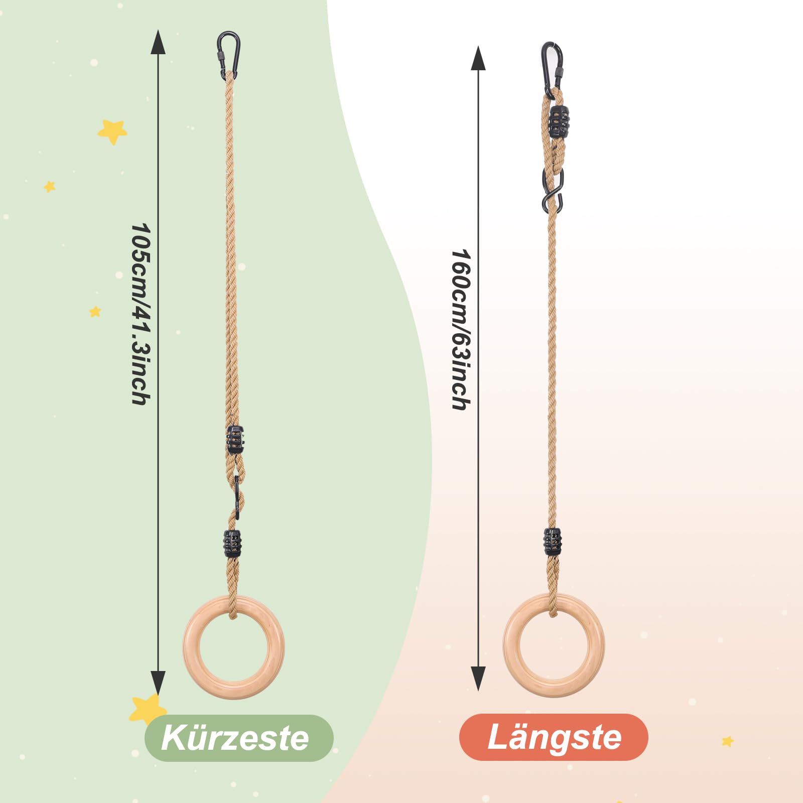 Holz Turnringe,Trapez schaukel,Schaukelringe mit Einstellbarer Hanfseil,Gymnastikringe für Kinder Indoor und Outdoor