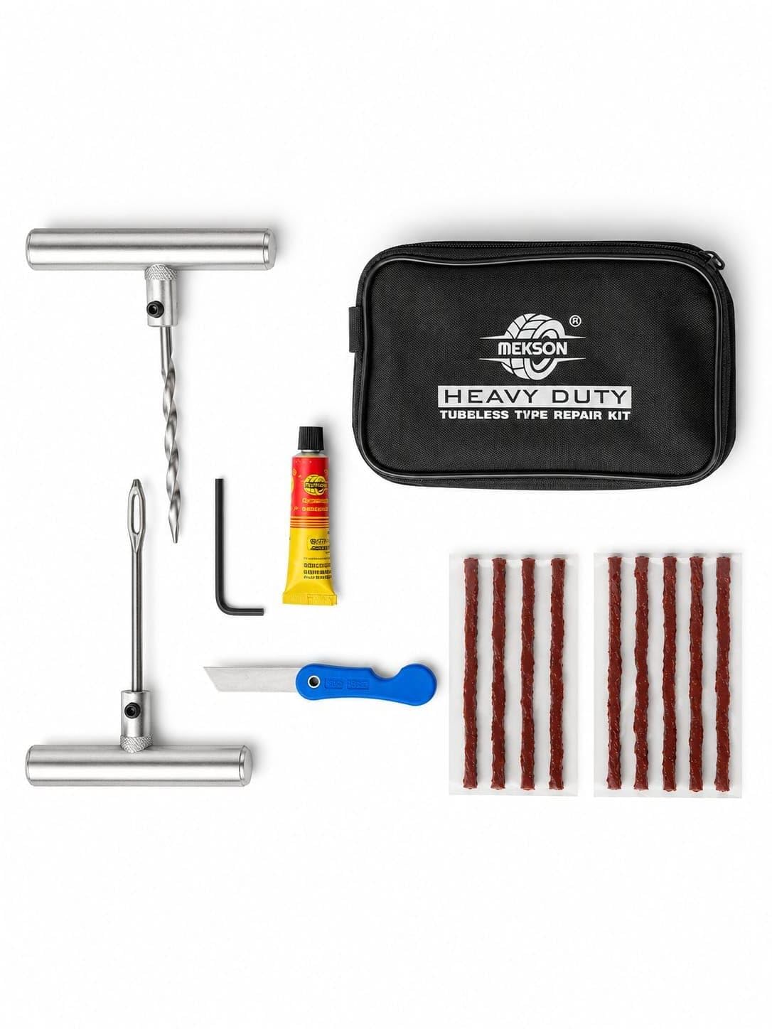 mekson heavy duty tubeless tyre puncture repair kit kt-003 | 6 essential tools, universal compatibility, compact storage pouch, cars, bikes & suvs, made in india