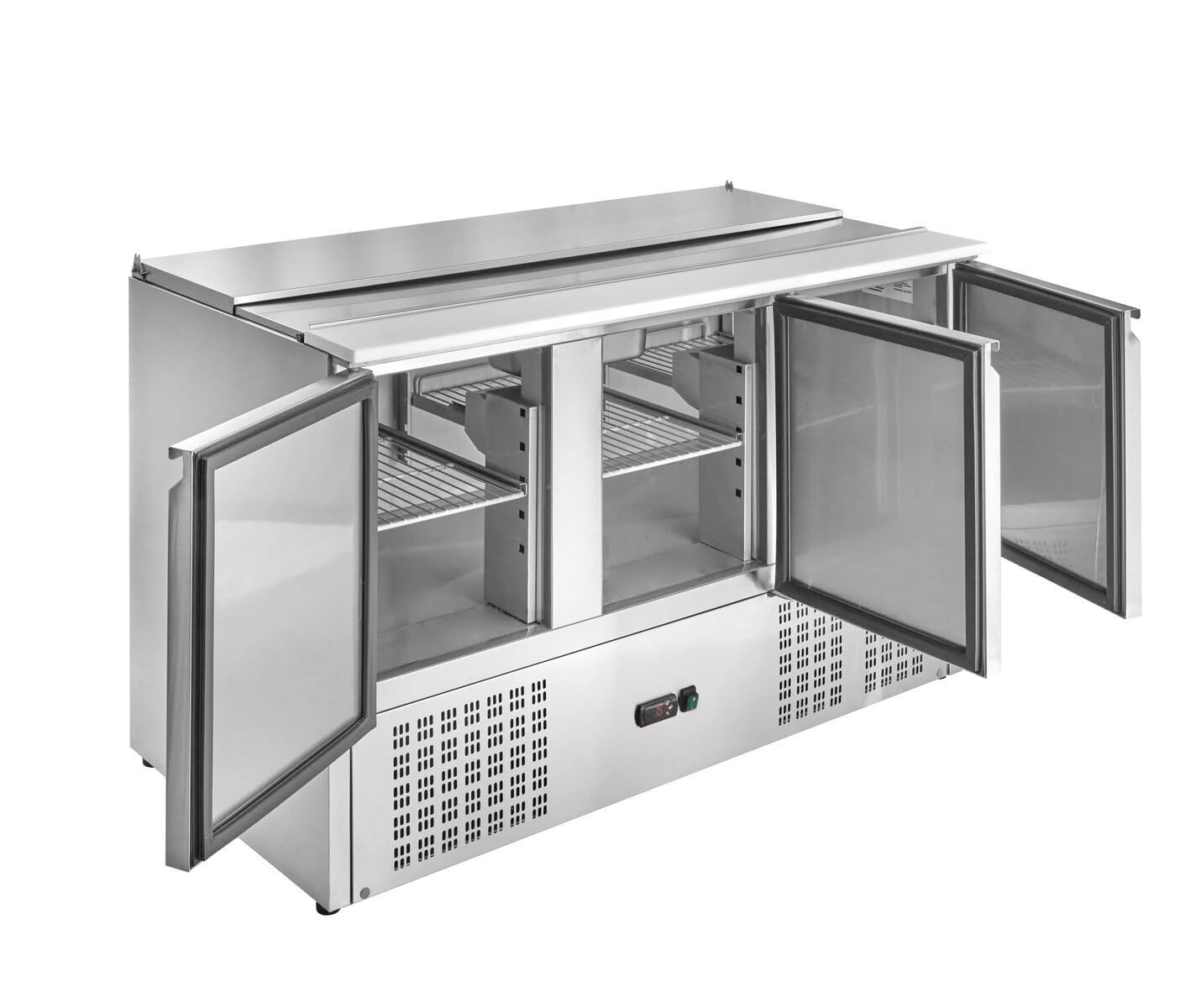 GastroHero Saladette 1370, 368 L, 3 Türen, 3 Böden, Edelstahl SH903 | Fixierbarer Klappdeckel, mit Kunststoffschneidebrett, Platz für 4 x 1/1 GN Behälter, 2 bis +8°C