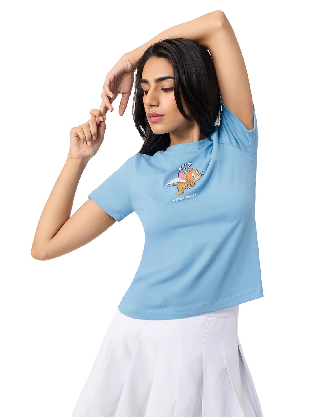 the souled store Tom & Jerry: Angel Face Women and Girls Short Sleeves Round Neck Light Blue Graphic Printed Cotton Regular Fit Lightweight Everyday Streetwear T-Shirt-picture-28