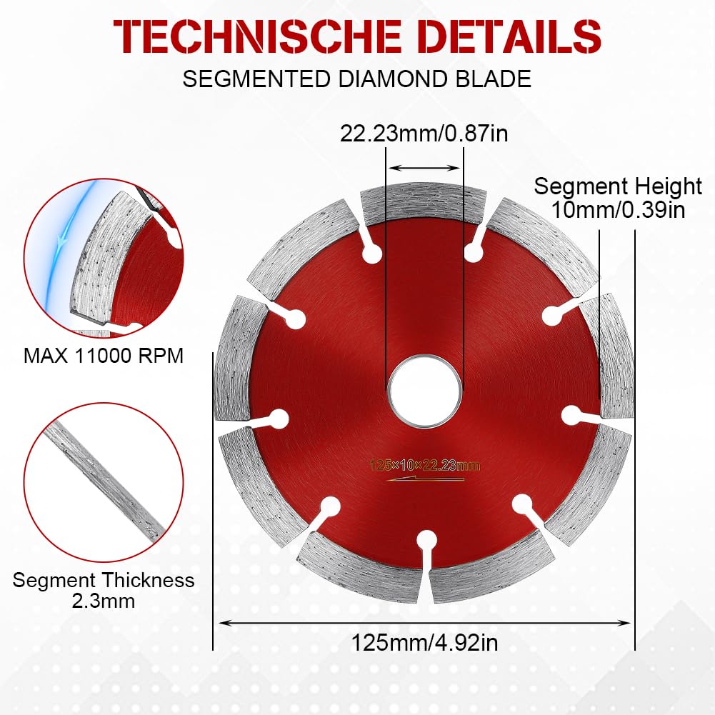 Flintronic Tarcza diamentowa 125 mm, 2 sztuki, diamentowa tarcza do cięcia płytek, ekstra cienka, uniwersalna tarcza do cięcia betonu, granitu, kamienia, muru, cegły