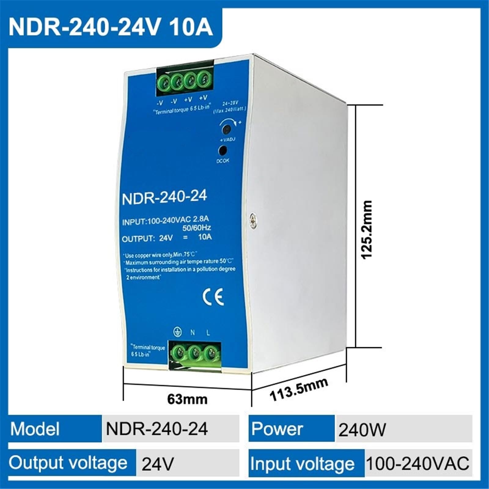 1 transformateur d'alimentation à découpage Industriel NDR-75W 120W 240W 480W 12V 24V 48V for Rail DIN AC/DC