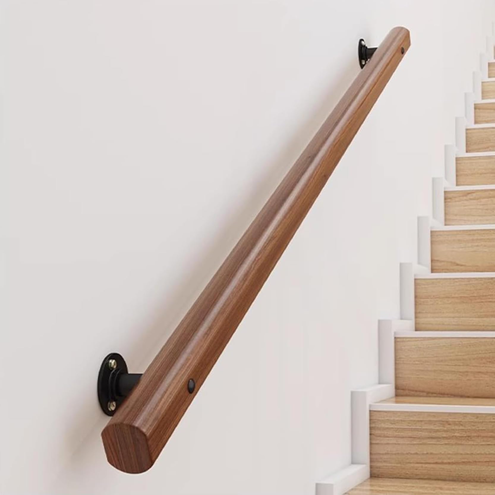 Pasamanos de Escalera Madera para Interior, Pasamanos de Escalera Redondos, Barandilla de Seguridad,Baranda Montado La Pared con Kit Instalación Barandilla, Barra de Apoyo Marrón(Size:100cm)