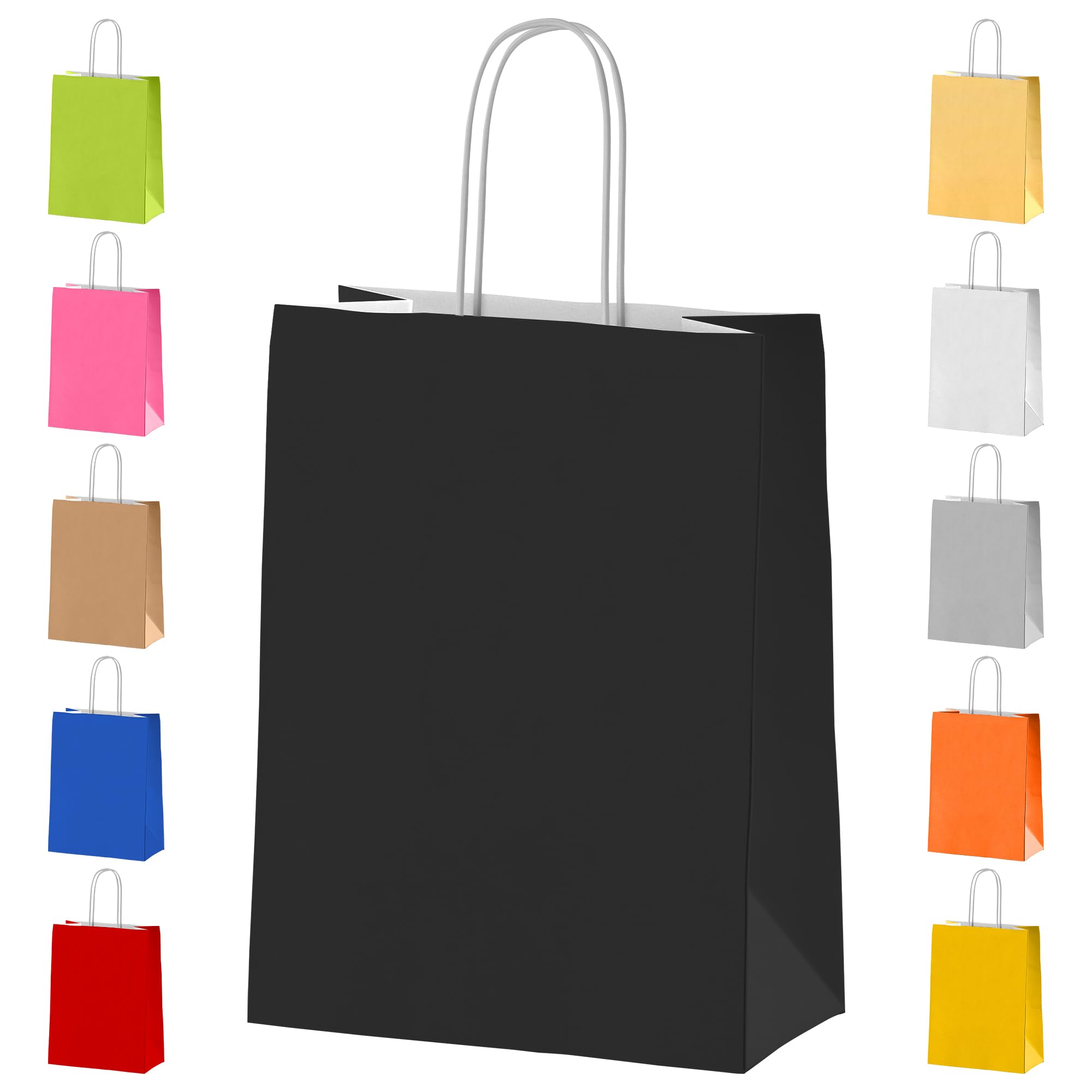 Paper Party Bags with Handles - Black 10x Small Colourful Carrier Goody Bags for Adults and Kids Parties, Weddings, Birthdays, Baby Showers, Xmas and Sweets - 18x22x8cm Craft Bags
