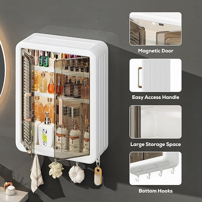Burmy Wall Mounted Self Adhesive Bathroom Shelf Storage Cabinet for Kitchen Multipurpose Organizer with Doors and Shelves 2