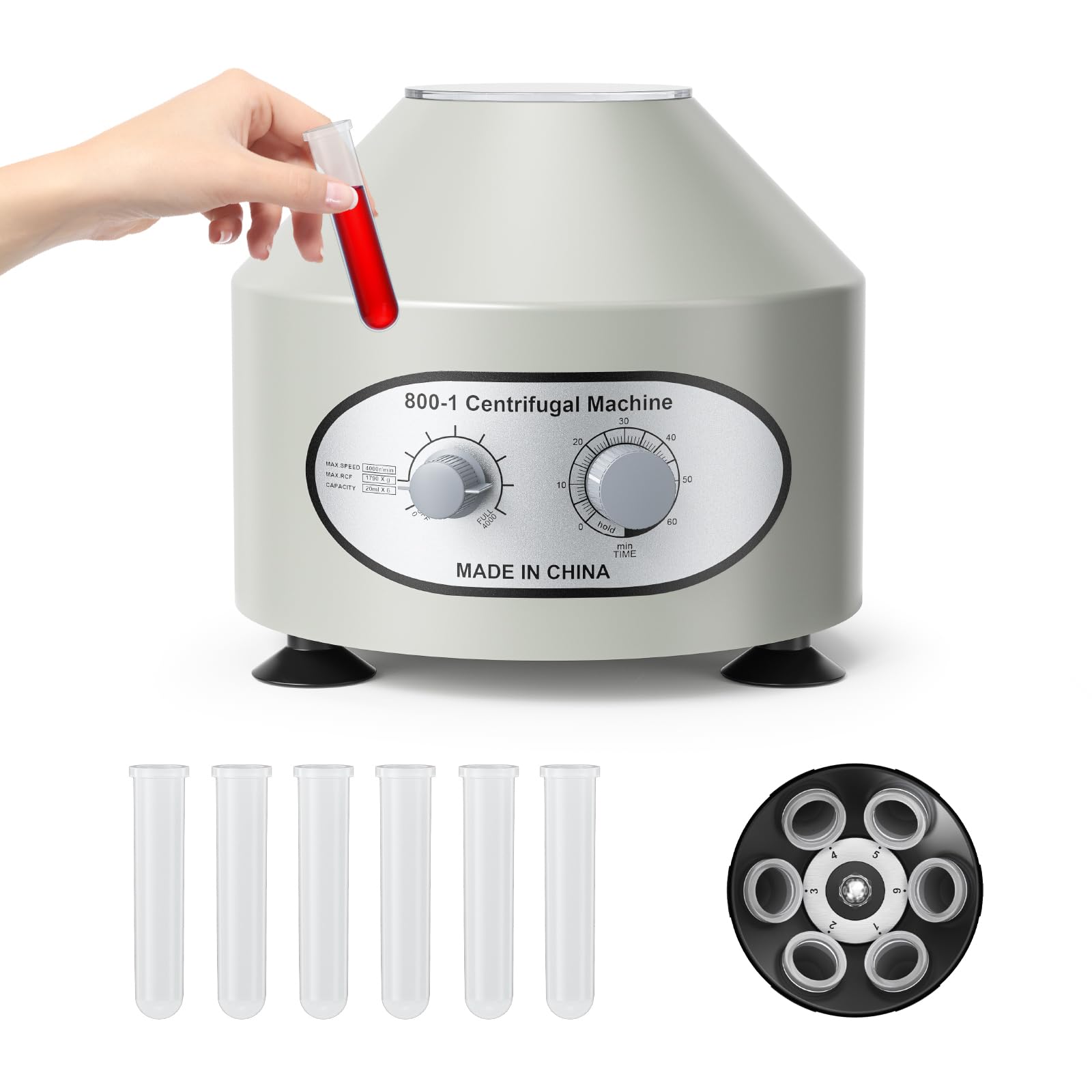 Centrífuga de Laboratorio 4000RPM – Máquina con 6 * 20 ml, Dos Perillas para Velocidad y Temporizador, Base Antideslizante – Para uso Médico, Clínico, de Investigación, Industrial y Educativo | Temporizador 0-60 min, 6 Tubos de 20ml, Velocidad 4000rpm, Us