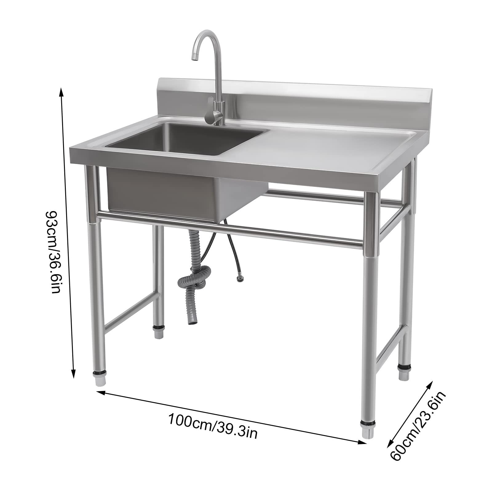 Lavabo Indipendente In Acciaio Inox 100x60 Cm, Con Lavello Singolo E Rubinetto Girevole 360°, Struttura H, Carico Fino A 200 Kg