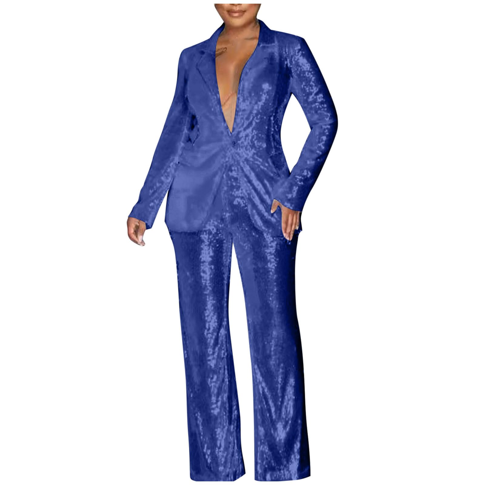 Sequins Blazer Sets for Women 2 Piece Set Slim Fit Long Sleeve Open Front Pant Suits Sparkly Disco