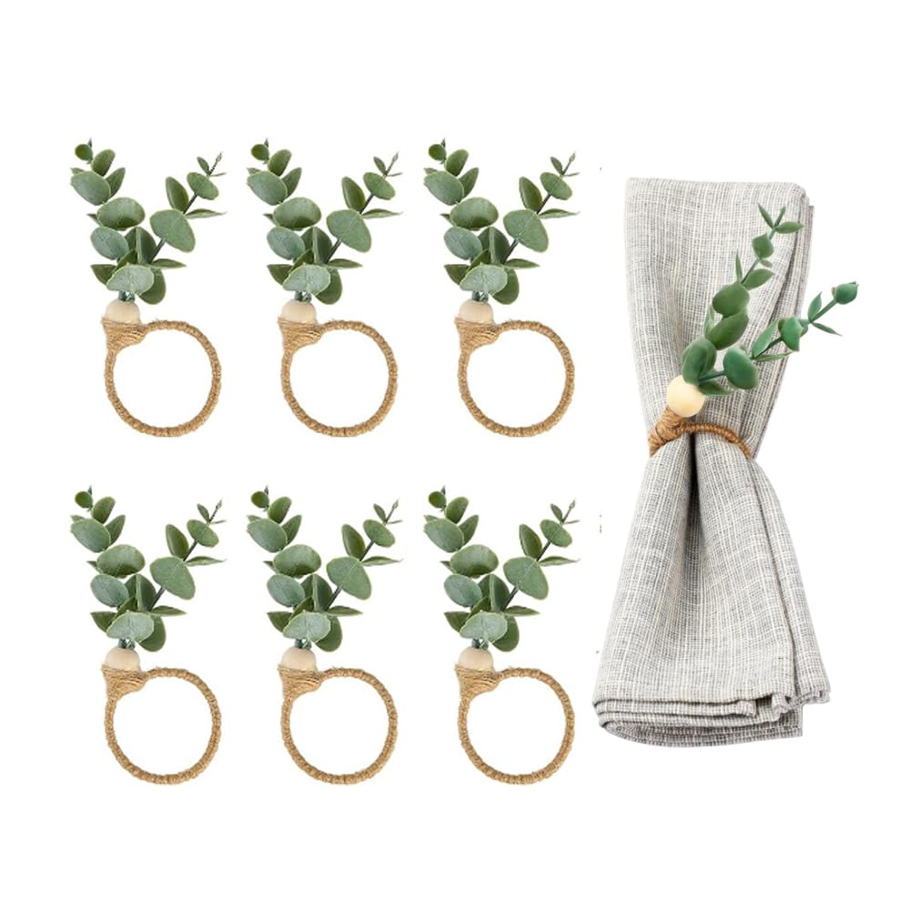 Kopinma Eucalyptus Napkin Rings Greenery Leaf Boho Napkin Rings, Easter Napkin Rings, Wood Bead Farmhouse Napkin Ring Holder, Table Decoration Napkins Rings, Wedding Napkin Rings‌