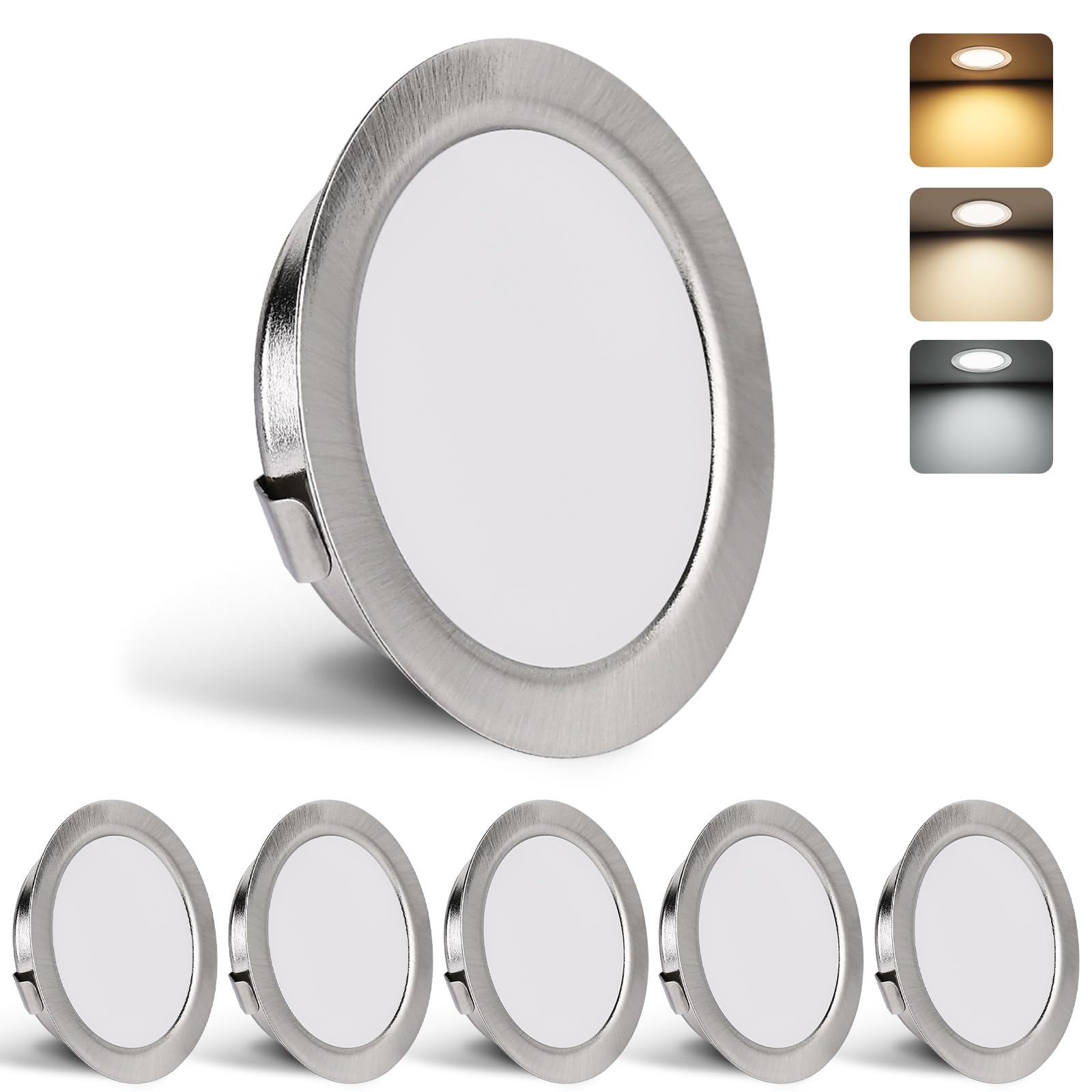 YindaLux 6er Set LED Einbaustrahler 230V 3W 3000K Warmweiß 4000K Neutralweiß 6000K Kaltweiß, LED Spot Ultra Flach 300LM Bohrloch 55-58mm und 15mm Flache, IP44 Möbeleinbauleuchte Einbauspots, Nickel