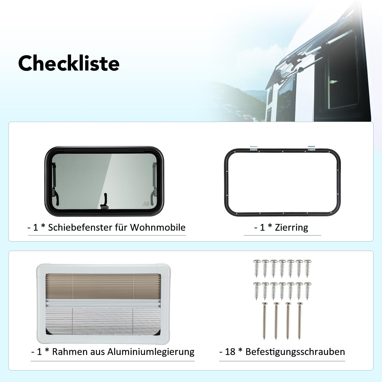 Wohnmobilfenster Ausstellfenster 700 x 400mm Wohnmobil Fenster Seitenfenster mit integriertem Rollo und Fliegengitter für RV Wohnwagen, Kastenwagen, Van, Camper, Auto, Bus, Boot