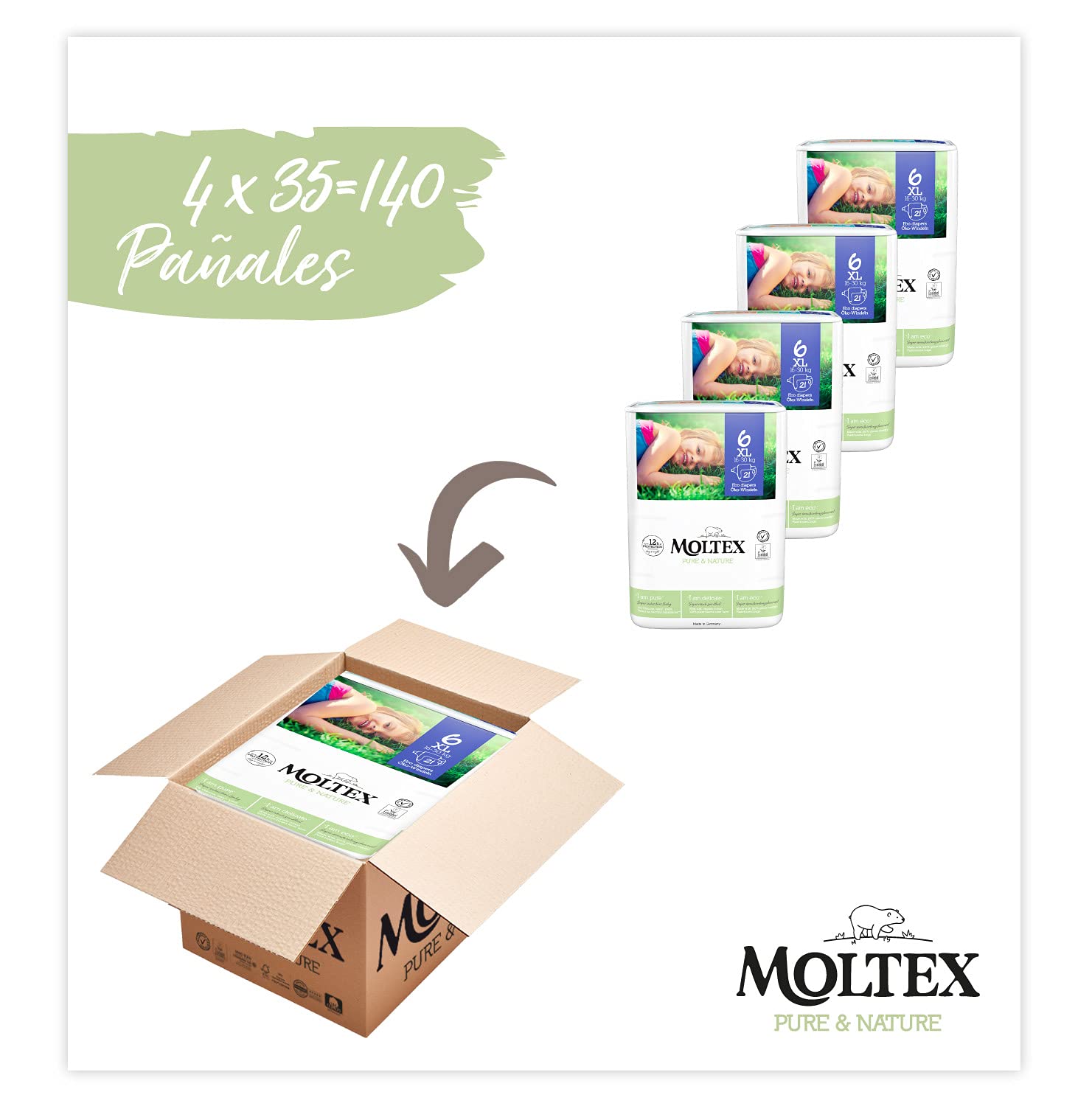 Moltex Pure & Nature Pieluchy ekologiczne, rozmiar 6 (17-28 kg), 140 pieluszek (4 worki po 35 sztuk), białe z nadrukowanym wzorem