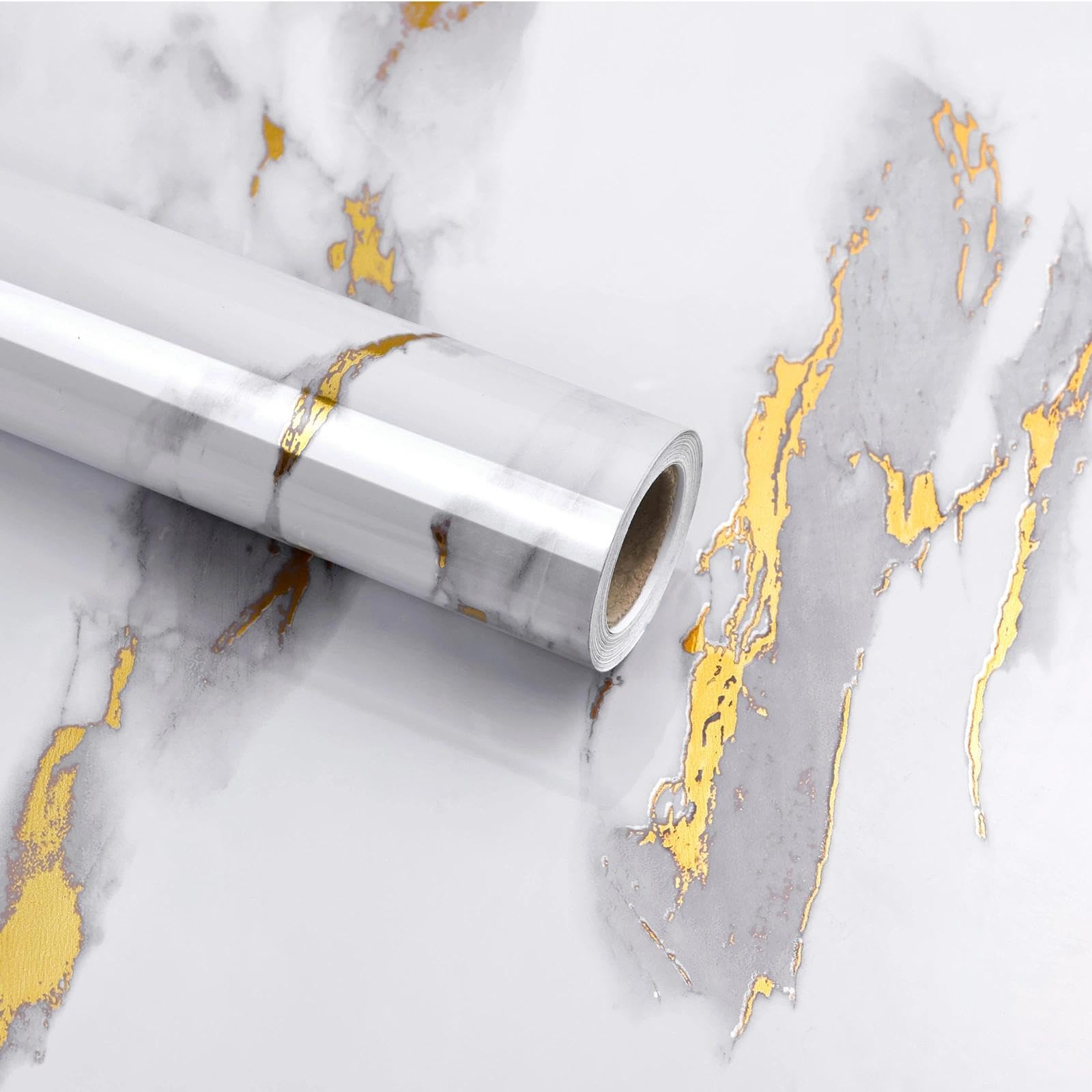 wishFIRE Marble Peel and Stick Wallpaper White Gold (60x500cm) - Thick Marble Look Self-Adhesive & Waterproof Wallpaper, High Gloss Vinyl Film for Kitchen & Furniture