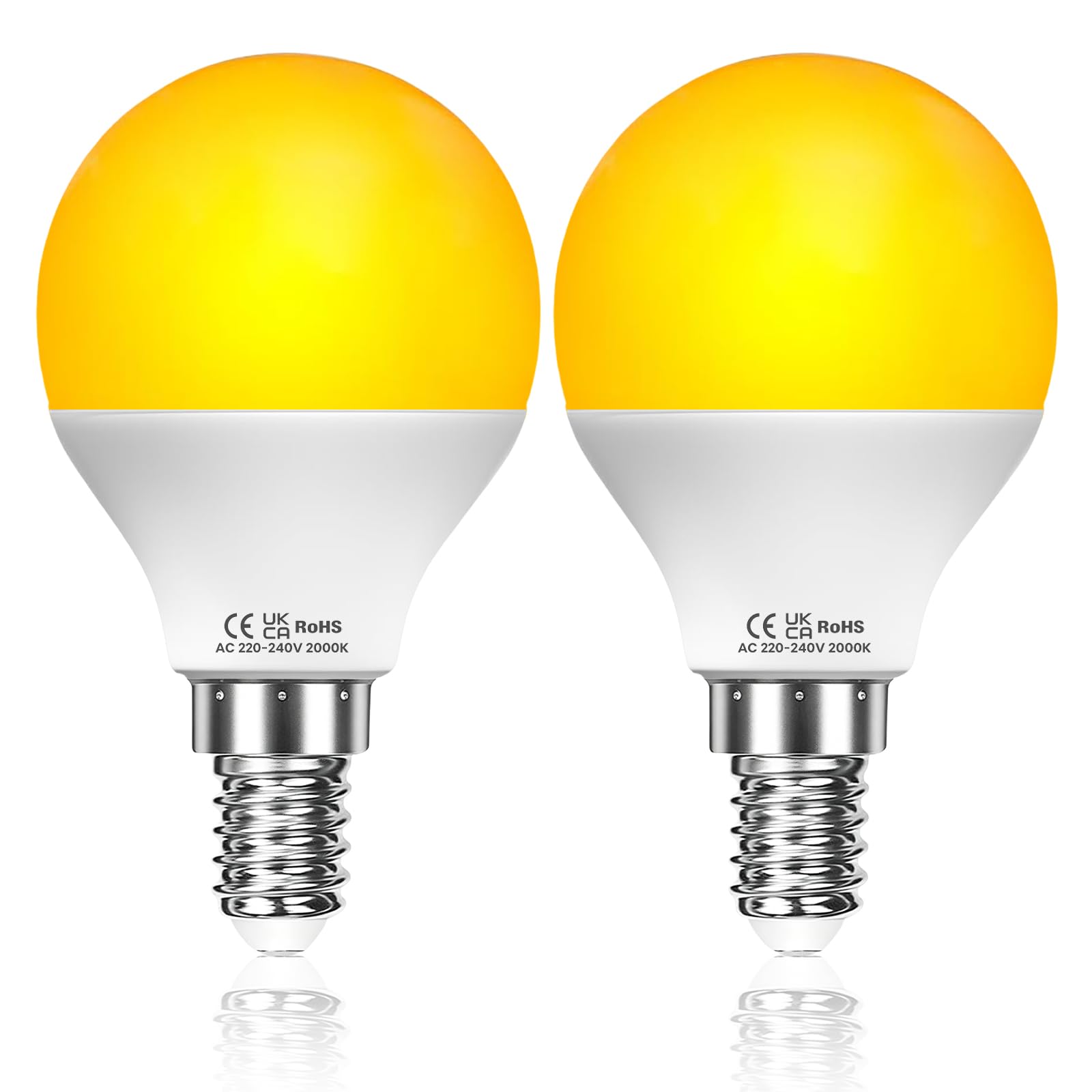 Klarlight E14 G45 Amber Light Bulbs, 3W Warm White 2000K Soft Yellow Light Non-dimmable Sleep Bulbs, Low Blue Light for Bedside, Nursery, Night Light(2-Pack)