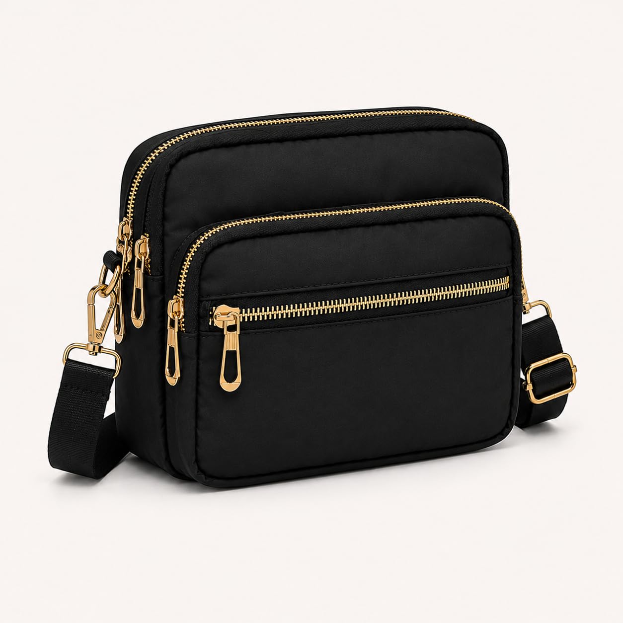 ANESHA Carry All Sling Bag Women | Black Nylon Gold Zip | Multi Pocket Crossbody | Adjustable Strap Shoulder Purse-picture-54
