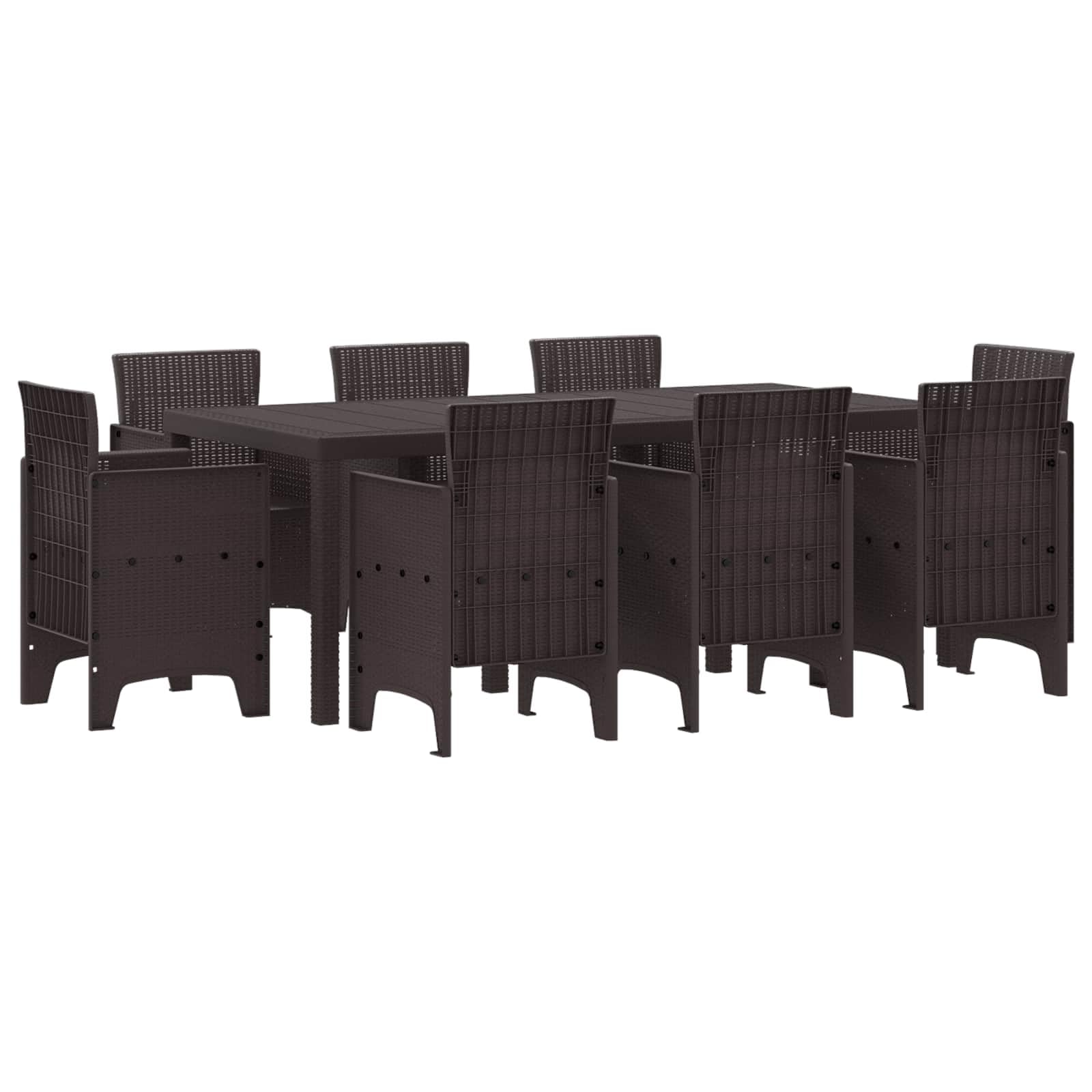 Conjunto de comedor de jardín moderno de 9 piezas de polipropileno, compuesto por mesa rectangular y seis sillas con reposabrazos, color marrón para terraza