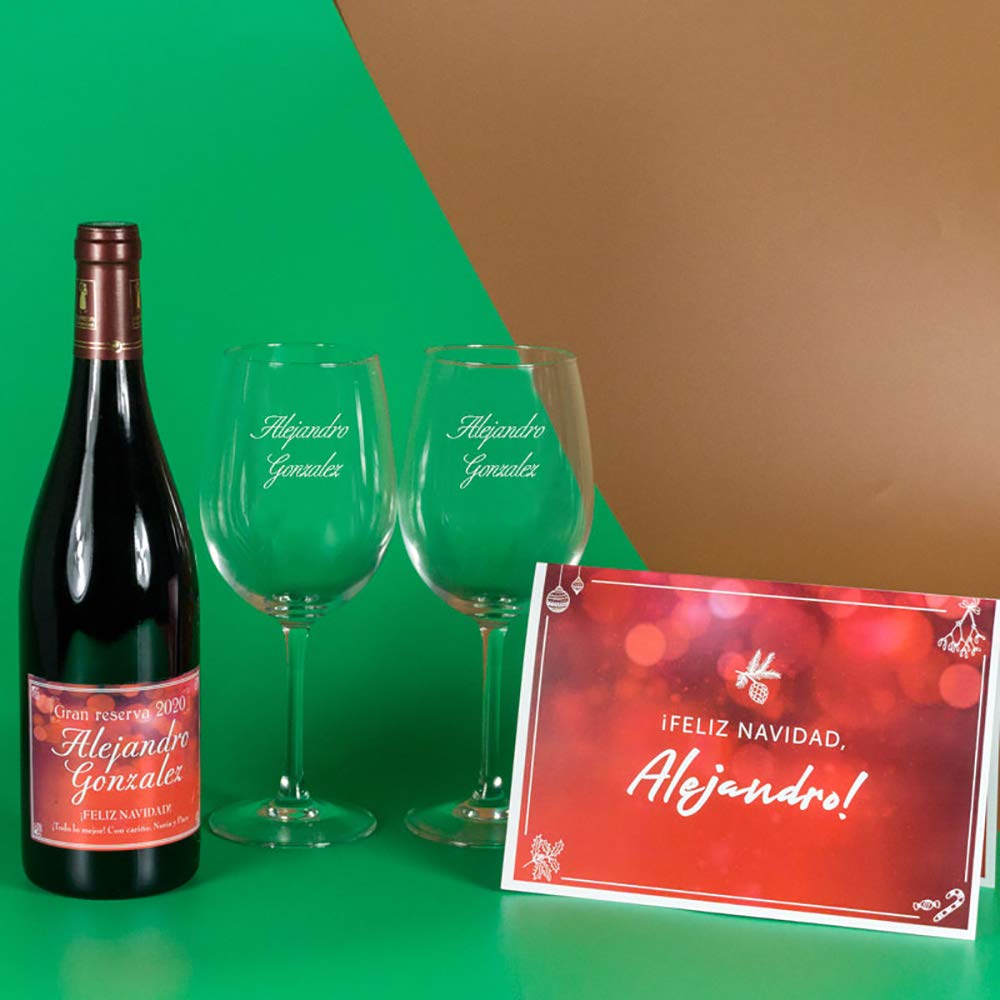 Regalo personalizado para hombres: kit personalizado deluxe con botella de vino, copas de vino y tarjeta de felicitación navideña en caja de madera
