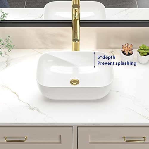 Miniatura 3 de Dcolora - Fregadero rectangular de cerámica blanca de 19 x 15 pulgadas, lavabo de baño rectangular de porcelana blanca sobre mostrador