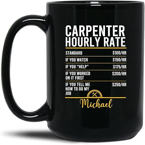 Taza de carpintero por hora, tazas de café de carpintero personalizadas con nombre, taza de cerámica para carpintero, regalo personalizado para