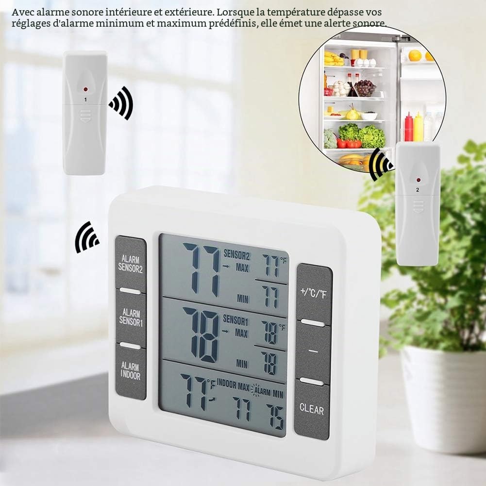 Thermomètre de Réfrigérateur Congélateur Sans Fil avec Écran LED Digital, Alarme Sonore, 2 Capteurs, Intérieur Extérieur