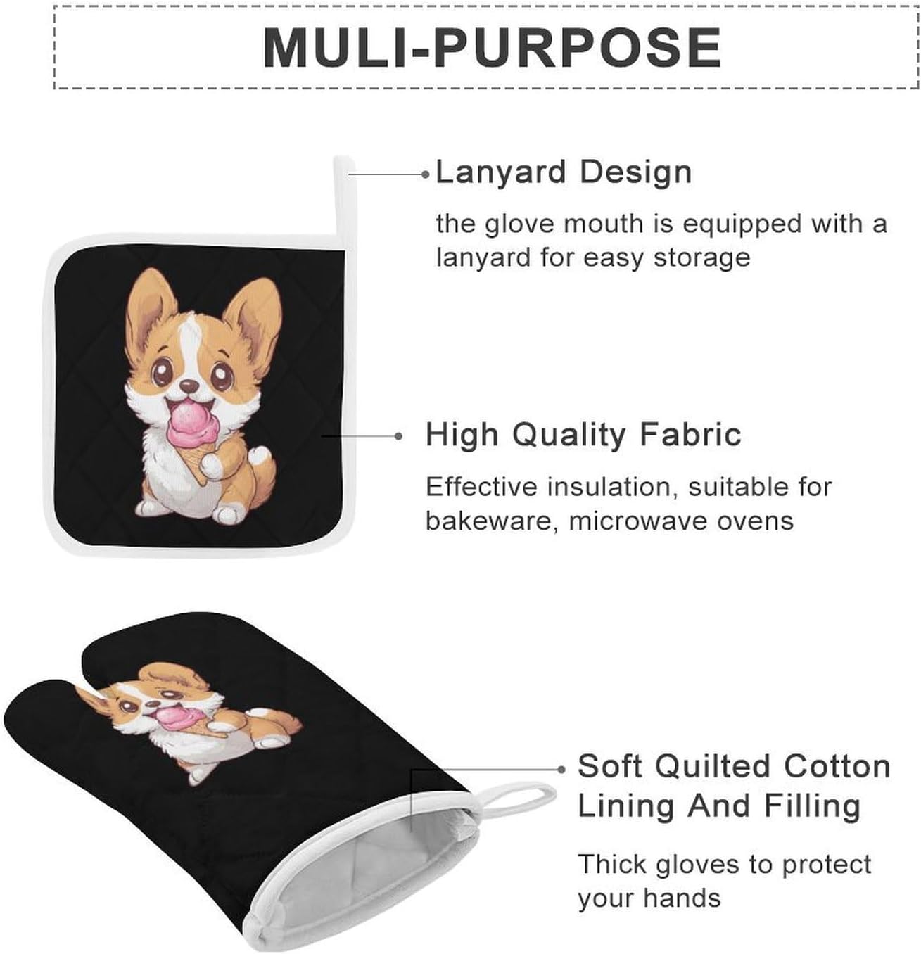 Corgi Puppy Eating Ice-Cream Oven Mitts and Pot Holders 4Pcs Set Heat Resistant Cooking Mitts Hot Pads