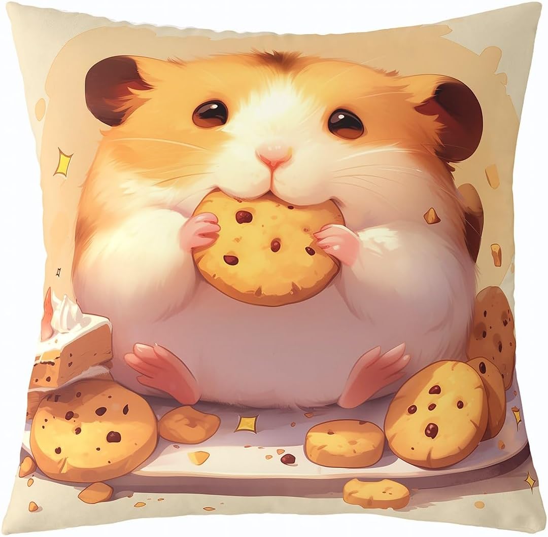 Set of 4 Kids Cute Hamster Throw Pillow Covers 18x18 Inch Kawaii Hamster Pillow Covers Cookies Food Cushion Covers Cartoon Pet Animal Decorative Pillow Covers For Kids Boys Girls,Brown Bedroom Decor