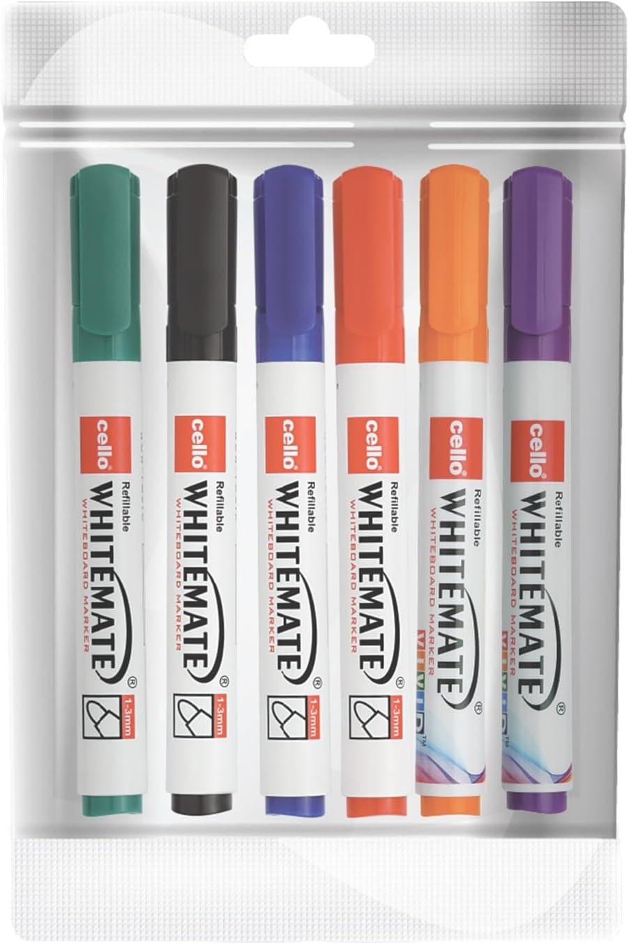 Cello Whitemate Whiteboard BoldMarkers | Set of 6 | Assorted Ink Colours | Whiteboard Marker with Easily Erasable Ink | Refillable Whiteboard Markers Markers
