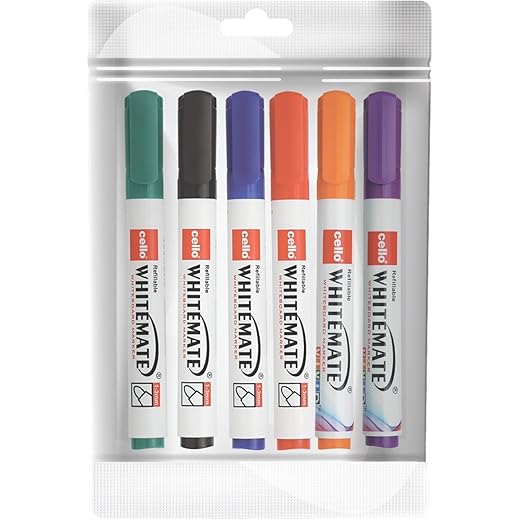 Cello Whitemate Whiteboard BoldMarkers | Set of 6 | Assorted Ink Colours | Whiteboard Marker with Easily Erasable Ink | Refillable Whiteboard Markers Markers