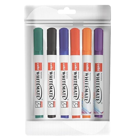 Cello Whitemate Whiteboard BoldMarkers | Set of 6 | Assorted Ink Colours | Whiteboard Marker with Easily Erasable Ink | Refillable Whiteboard Markers Markers