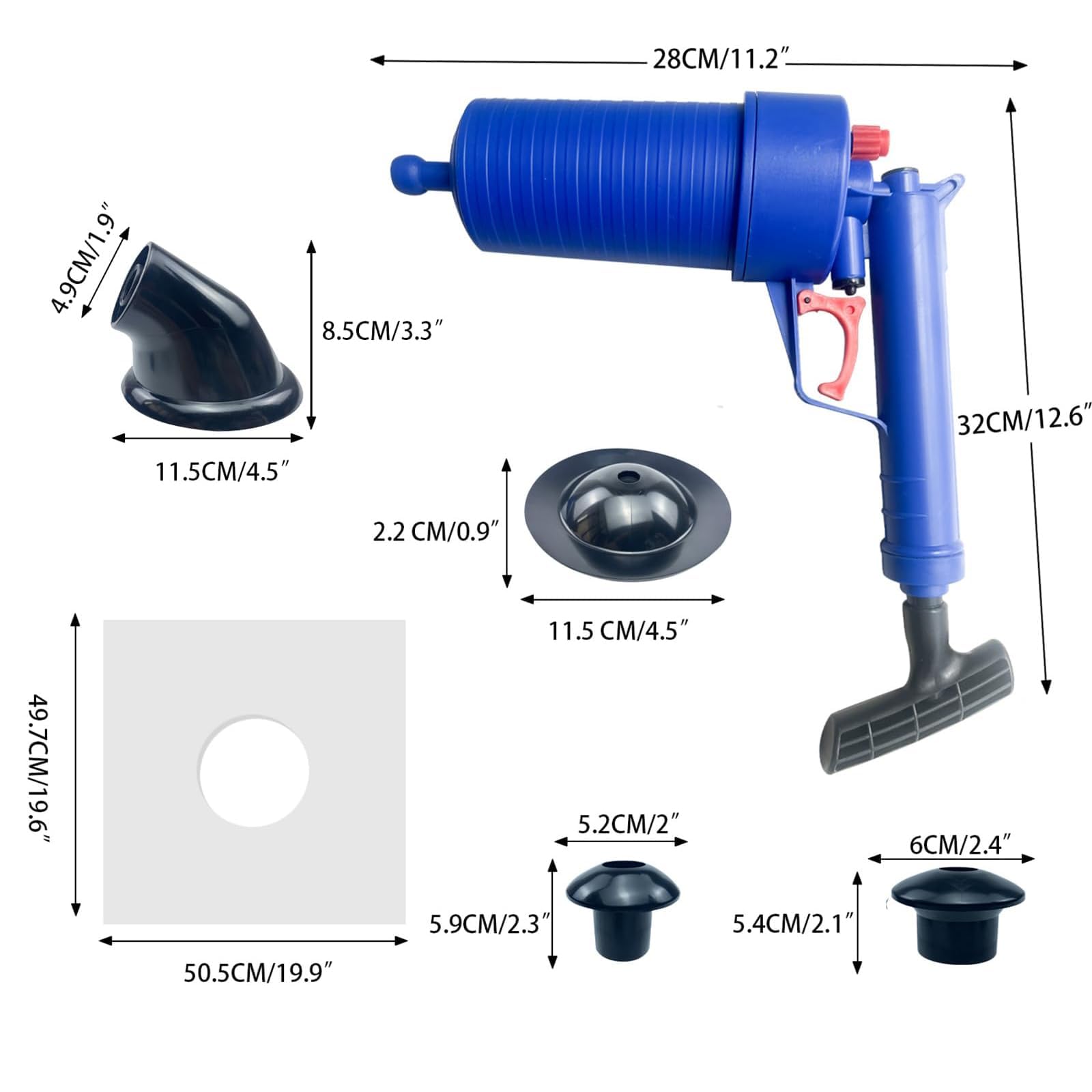 Pompe de nettoyage de canalisations haute pression, déboucheur de canalisation, déboucheur de pompe à air, ventouse et déboucheur à pression d'air, avec 4 ventouses pour cuisine, douche, baignoire
