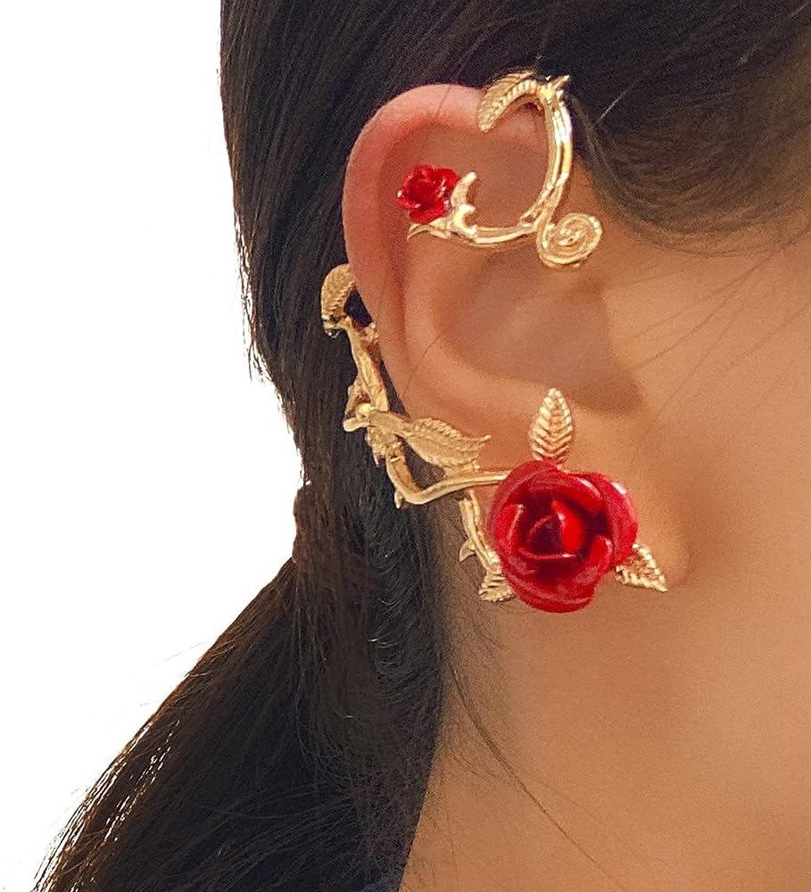 Retro Rose Flower Climbers Crawler Jacket Earrings Sparkly Metal Left Ear Cuff Wrap Clip Stud Earring Statement for Women Girls Fashion Party Jewelry - Image 4