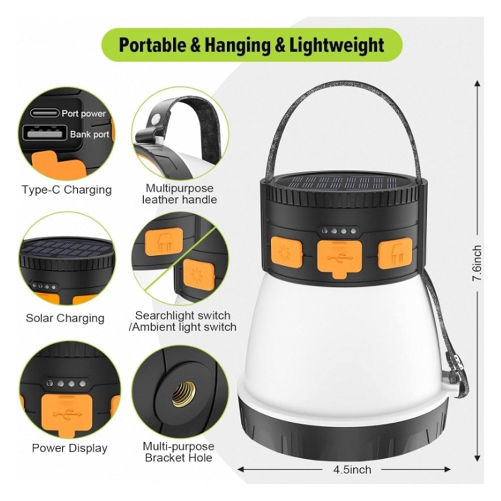 Lanterna da campeggio a LED, lanterna da campeggio ricaricabile da 1500 lumen con pannello solare, impermeabile, 8 modalità di illuminazione, power bank da 7500 mAh, torcia da campeggio for emergenze