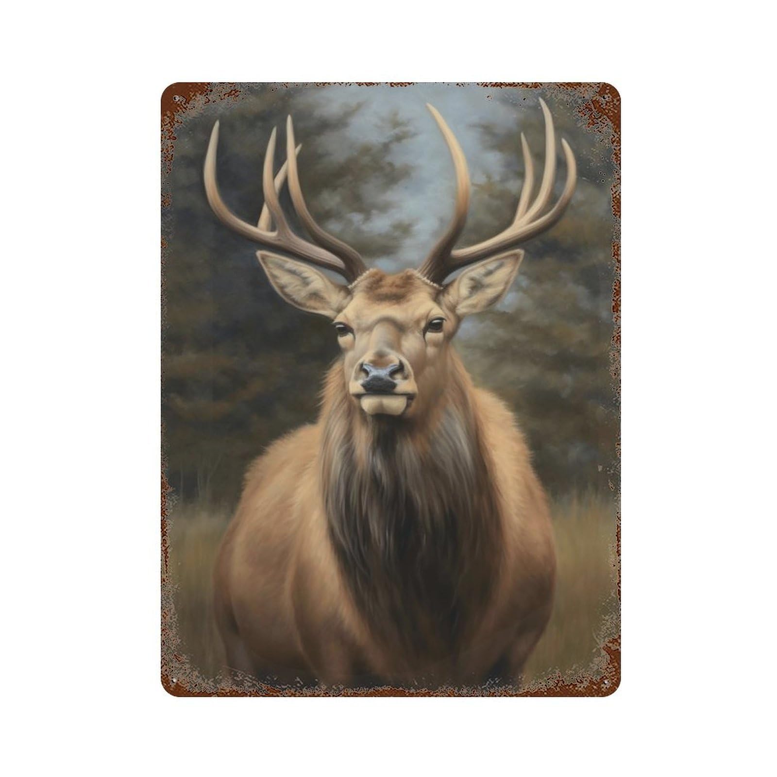 Garage Style Elk in Forest Painting Rust Effect Tin Sign 15.7"x11.8", Industrial Home Decor for Bar And Workshop