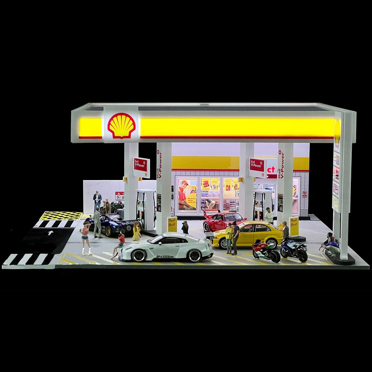 Shell Diorama stacja benzynowa w skali 1:64 – podświetlany LED model budynku z miniaturowymi akcesoriami, kompatybilna ze wszystkimi modelami samochodów w skali 1:64 (Collectible Display Scene)