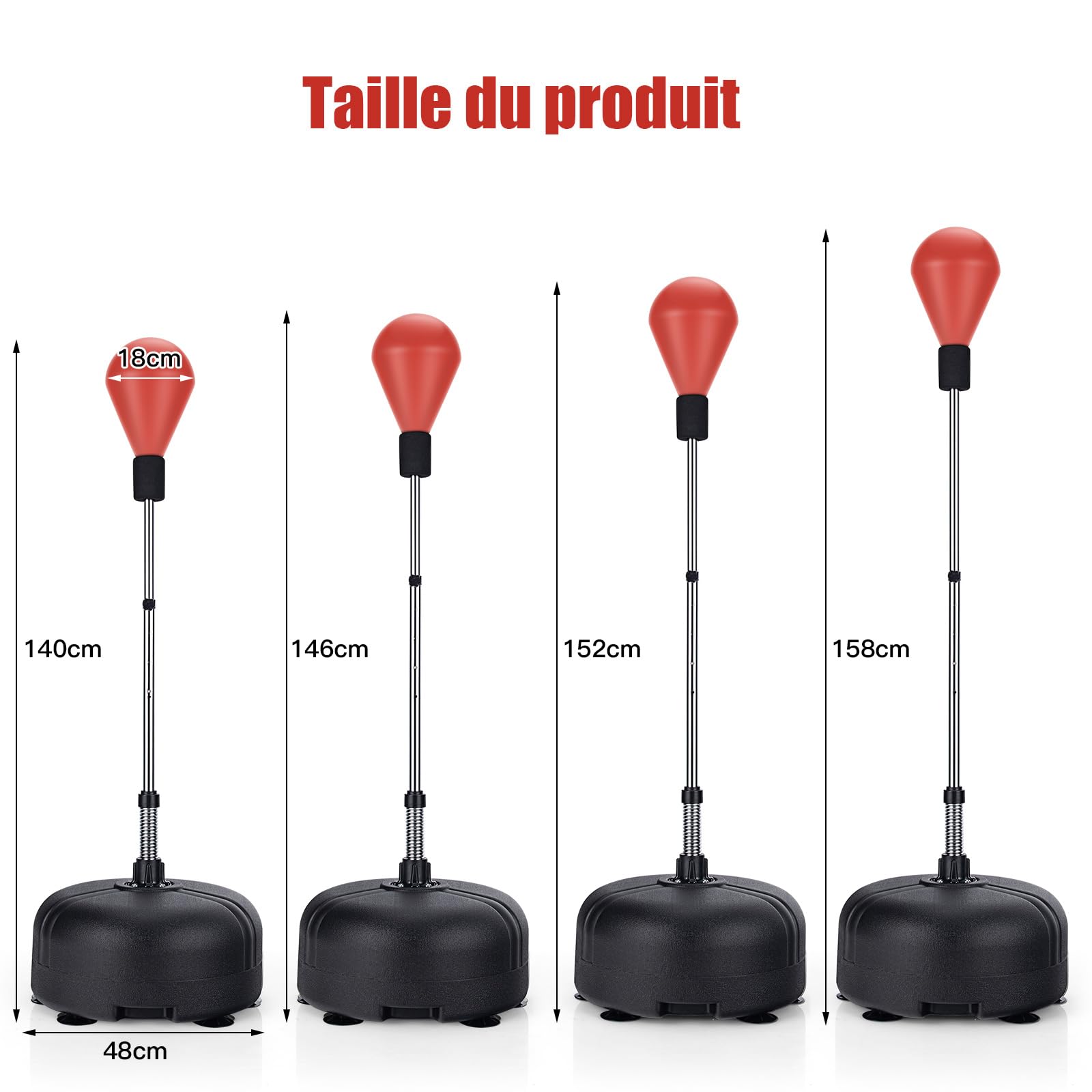 COSTWAY Punching Ball sur Pied Réglable avec Gants Sac de Frappe Boxe Base Lesté avec Ventouses