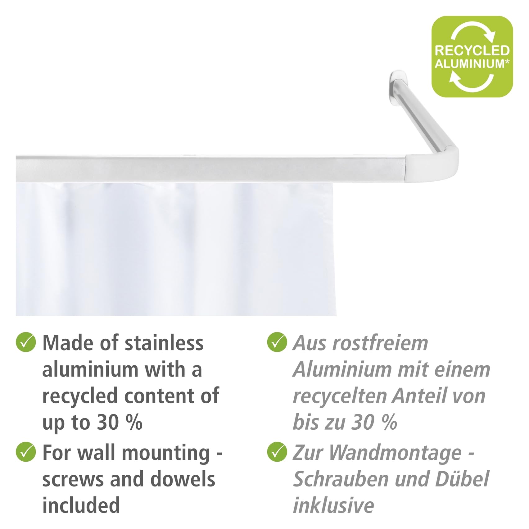 WENKO Winkelschiene Era, Winkelstange aus Aluminium für Duschvorhang, flexibel in L- und U-Form anzubringen, inkl. Gleiter, Weiß
