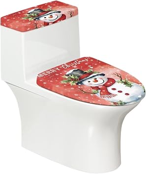 Red Snowman 2Pcs Toilet Seat Cover and Tank Lid Covers, Toilet Lid Cover Set for Bathroom Indoor Home Decor Christmas Decorations