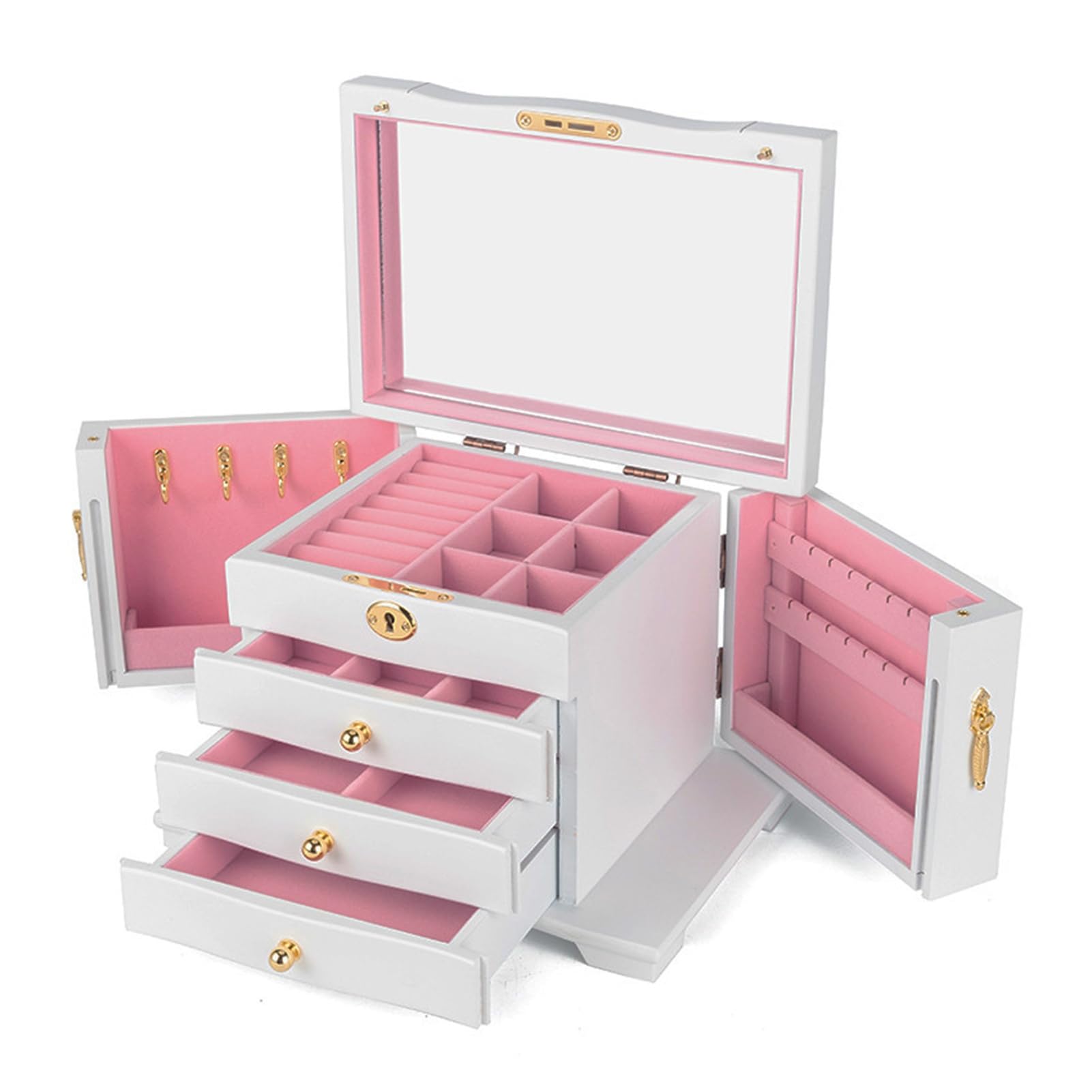 SDFSDE 4-Layer Wooden Jewelry Box With Mirror And Lock Luxury Jewelry Organizer And Storage Box For Watches Necklaces Rings Earrings Bracelets For Women(White)