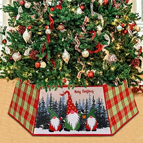 HEDAQI Foldable Christmas Tree Collar, 21 Inch Buffalo Plaid with Printed Gnome Pattern Tree Bottom Fabric Decoration Tree Skirt Square Base Stand Cover for Xmas Holiday Party Décor