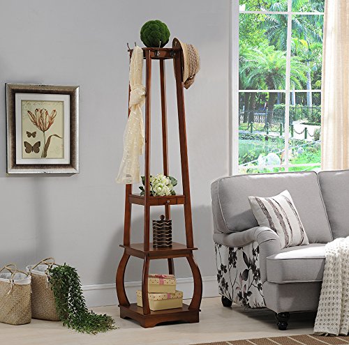 Kings Brand Furniture Entryway Coat Rack with Storage Shelves & Drawer, Walnut