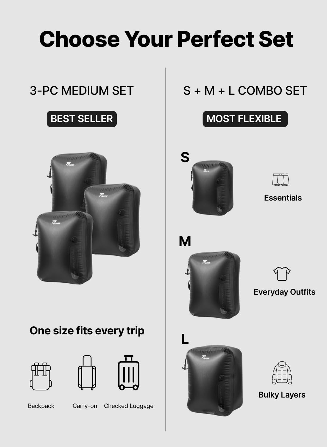 Lot de 3 sacs sous vide pour voyage avec pompe sans fil, fermeture éclair ouverte à 180°, étanchéité IP67, sacs de compression réutilisables pour sac à dos, valise, rangement à la maison (lot de