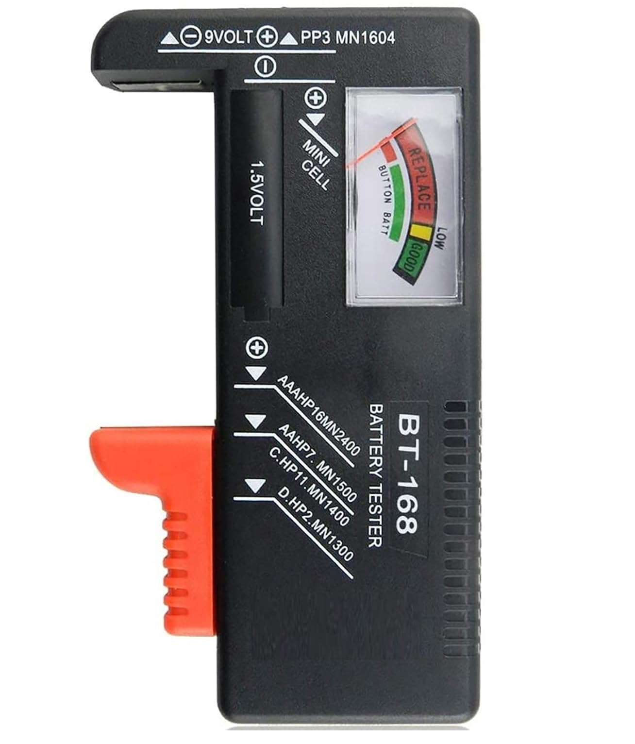 GALV car battery tester, universal battery checker,olive battery tester universal battery checker for aa aaa c d 9v 1.5v button cell batteries,battery powered (model: bt-168)(black)(10.9 x 5.9 cm)