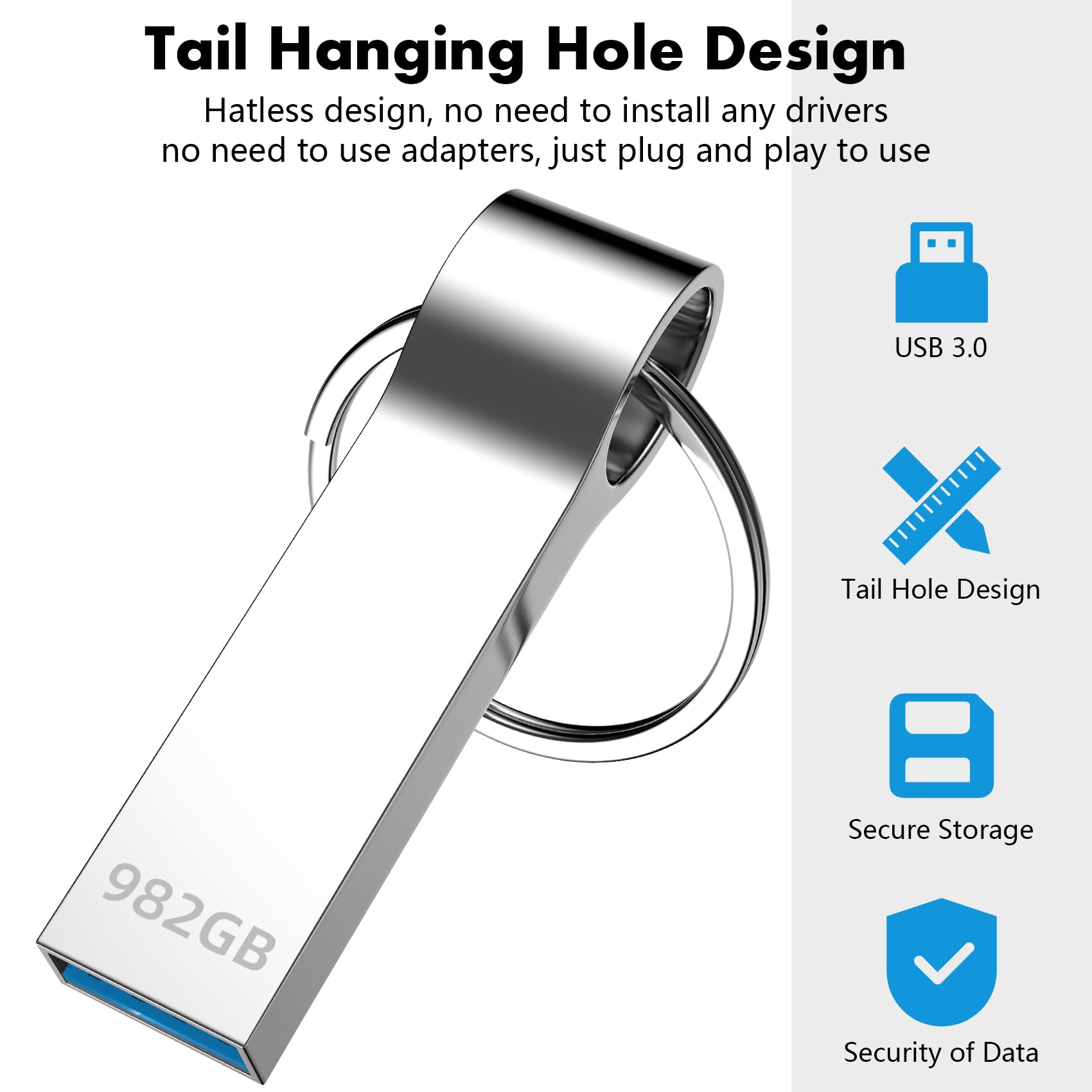 USB Memory Stick 982GB Metal USB Stick (Keyring included) USB 3.0 Flash Drive Waterproof Thumb Drive Portable Memory Stick Ideal for PC Laptop Desktop Speaker — view 3