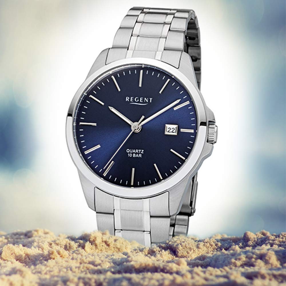 Regent Herren Armbanduhr aus Edelstahl in der Farbe Silber-Blau 39mm, Wasserdichtigkeit: 10Bar, 11150643