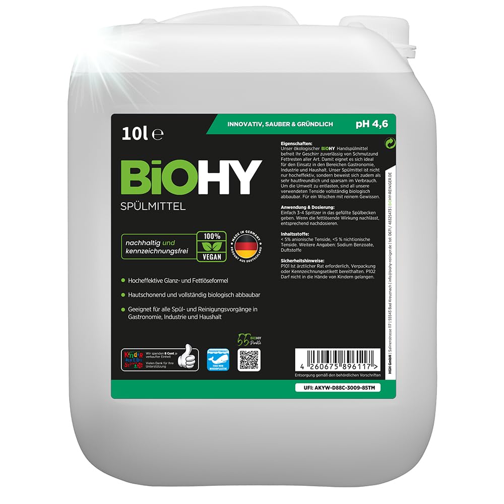 BiOHY Liquide Vaisselle (bidon de 10 litres) | Liquide Vaisselle Bio sans Produits Chimiques nocifs | Dégraissant Liquide pour Une Brillance fraîche | Idéal pour Distributeur de Liquide Vaisselle |