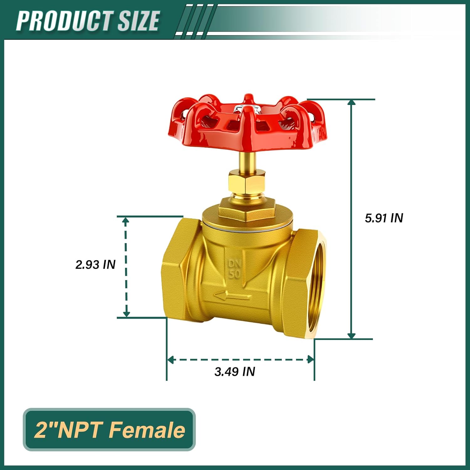 2" NPT Brass Gate Valve, Female x Female, with Wheel Handle, Heavy Duty Globe Valves Tool, for Fuel/Airl/Water/Gas/Oil (DN50)