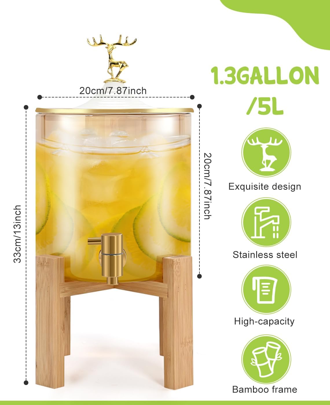 Water Dispenser for Party, 1.32 Gallon Glass Beverage Dispenser with Spigot, Punch Dispenser for Parties, Party Drink Dispenser for Lemonade, Juice, Punch, Water, Outdoor, Daily Use - Image 3