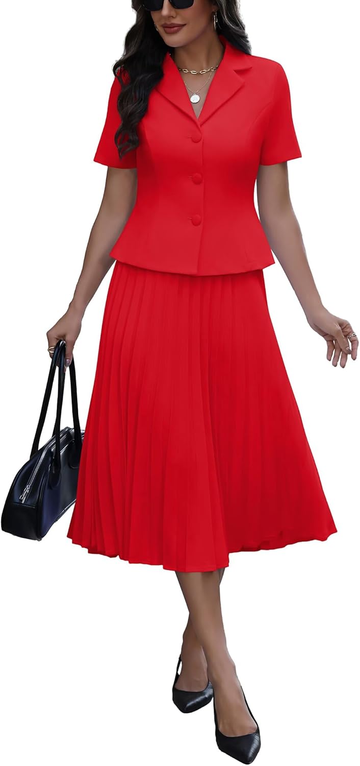 Ophestin Women's 2 Piece Blazer Outfits Short Sleeve Open Front Jacket High Waist Pleated Maxi Skirt Set for Business Church