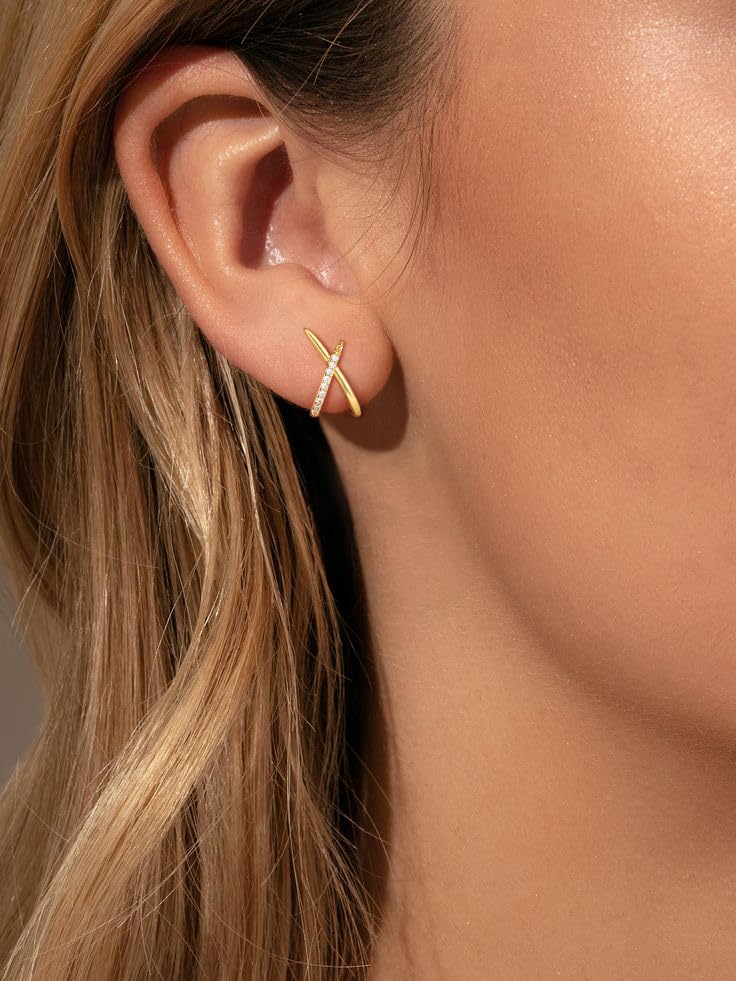 Gold Earrings for Women Trendy,14K Real Plated Gold Stud Earrings Dainty Cubic Zirconia Diamond Hypoallergenic Silver Small Hoop Earrings for Women Jewelry Gifts3