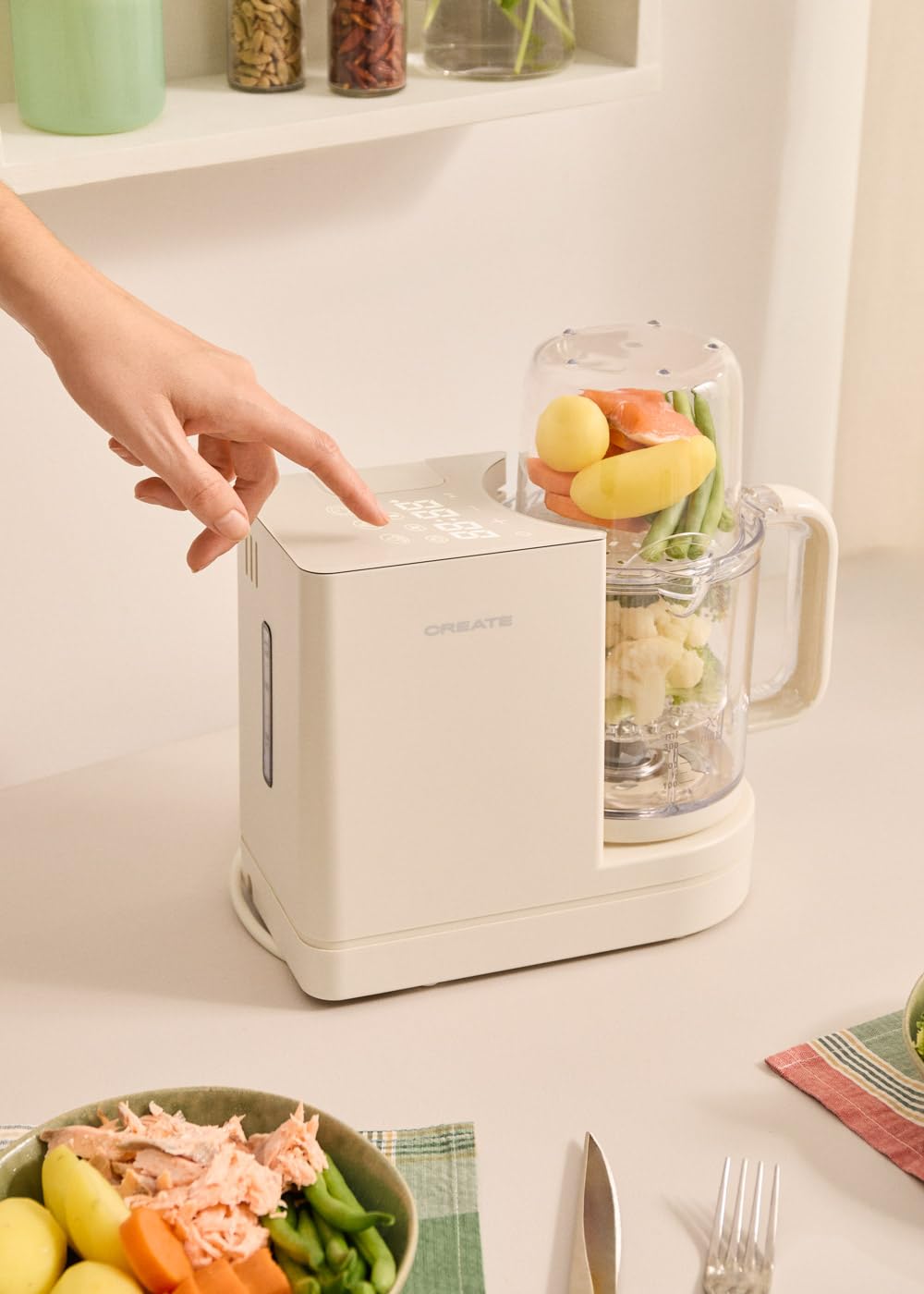 CREATE/BABY CHEFBOT/Robot de cocina esterilizador multifunción para bebés blanco roto/Libre de BPA, 6 funciones, programable, doble altura para biberones, 700W